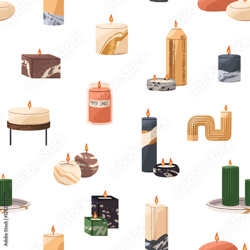 Repeatable pattern of aroma candles. Burning scented candlelights with different shapes of wax in holders on endless background. Interior decoration, home decor. Flat seamless vector illustration