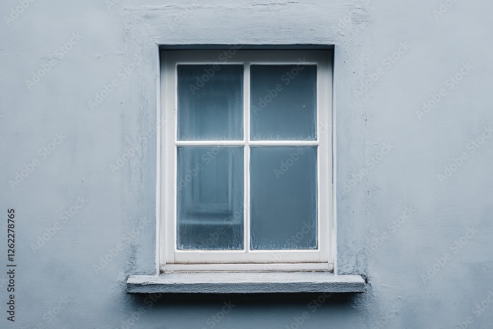 Fototapeta premium White framed window on light blue painted concrete wall