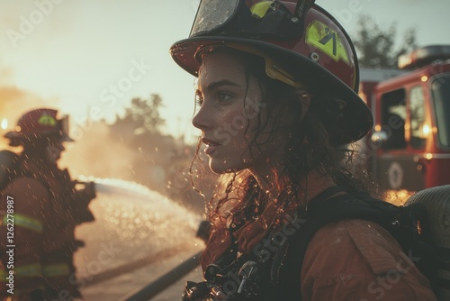 In the Sodertalje area of Sodermanland, Sweden, one can see a female firefighter wielding a fire hose in close proximity to a fire truck