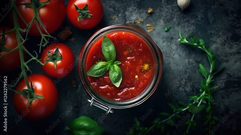Fresh Tomato Sauce in Jar with Basil and Herbs on Dark Surface Fresh Tomato Sauce in Jar with Basil and Herbs on Dark Surface