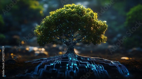 A digital tree with circuits replacing the natural wood and glowing leaves that pulse like electric signals, set agnst a high-tech backdrop. photo