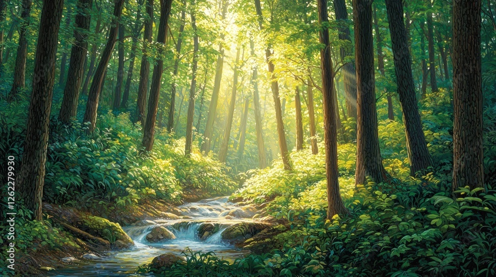 Obraz premium Sunlit Forest Stream: A Serene Escape into Nature's Embrace