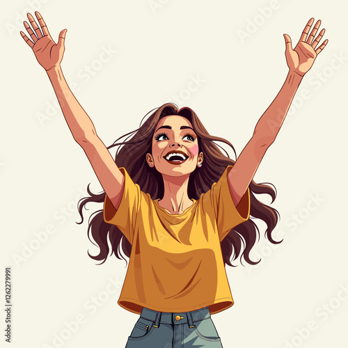 Joyful woman celebrating with hands raised, vibrant vector illustration