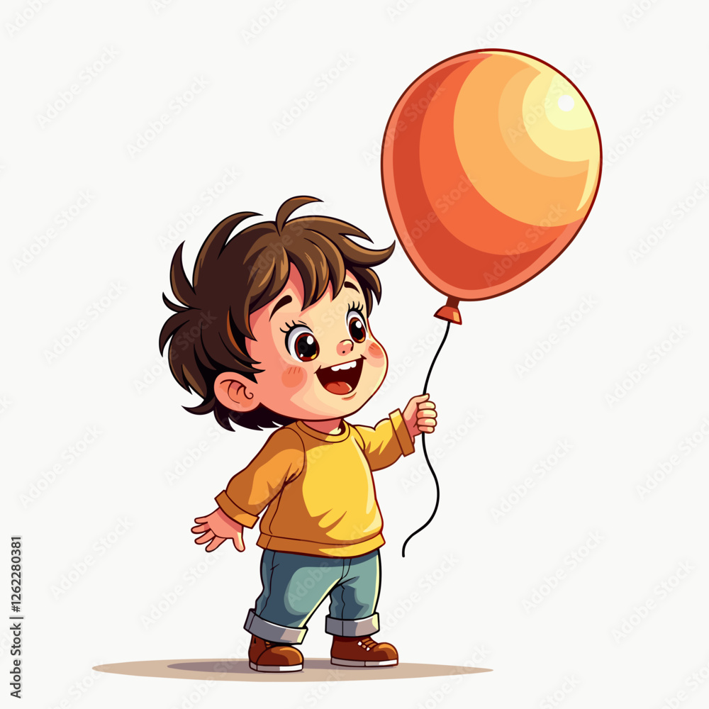Joyful child holding balloon in bright illustration, happiness and innocence Joyful child holding balloon in bright illustration, happiness and innocence