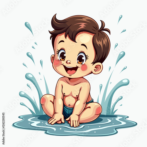 Joyful child splashing water in puddle, playful innocence