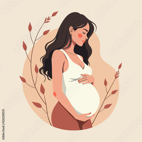 Pregnant woman embracing her belly in pastel colors, maternal warmth