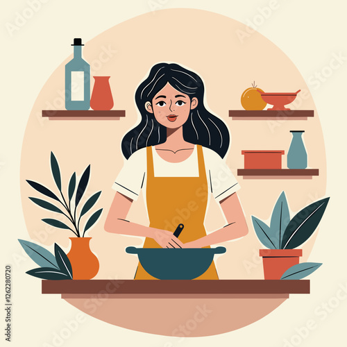 Cheerful woman cooking in a pastel kitchen, modern lifestyle