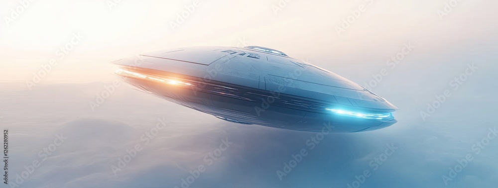 Obraz premium Futuristic UFO Flying Above Clouds