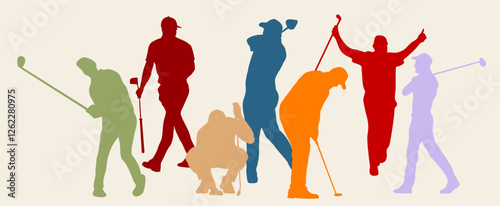 A group of golfers are silhouetted against a white background. The golfers are of different colors and are holding golf clubs. Scene is energetic and competitive. Vector flat illustration isolated