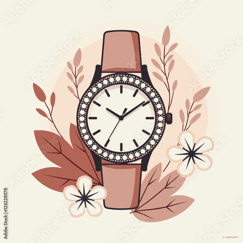 Elegant diamond-studded watch surrounded by soft foliage, timeless style