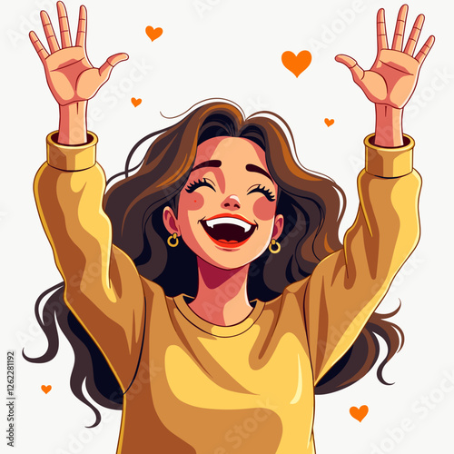 Joyful woman celebrating with raised hands, vibrant illustration