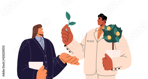 Leadership, mentorship concept. Business mentor shares professional experience with student, intern. Leader teaches employee financial literacy, investment. Flat isolated vector illustration on white