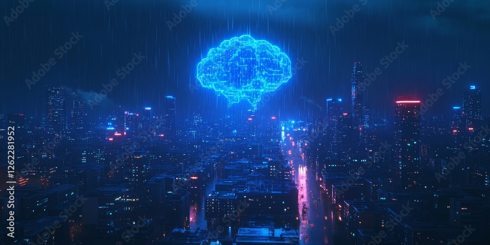 Obraz premium Illuminated AGI Concept in Neon Blue Over a Rain-Soaked Cityscape, Depicting Advanced Artificial General Intelligence Dominating the Urban Night, Generative AI