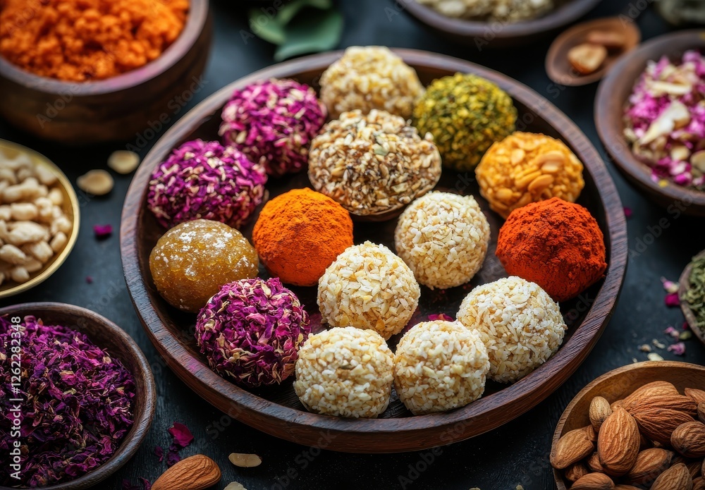 Fototapeta premium Colorful and Aromatic Assortment of Traditional Indian Sweets on a Decorative Wooden Plate Surrounded by Exotic Spices and Nuts