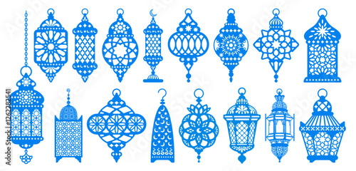 Set of arabian lanterns, arabic lamps with patterns. Fanous, Ramadan lantern, flat, silhouette vintage design. Eastern, turkish, moroccan traditional lamp, from metal and glass. Vector illustration