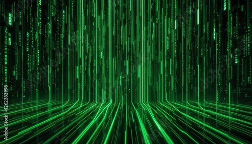 Futuristic green digital matrix with vertical lines and binary code