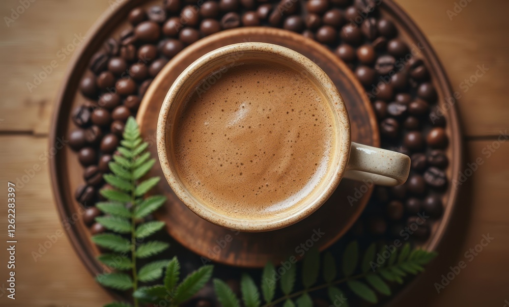 Top view of coffee with beans and greenery Top view of coffee with beans and greenery