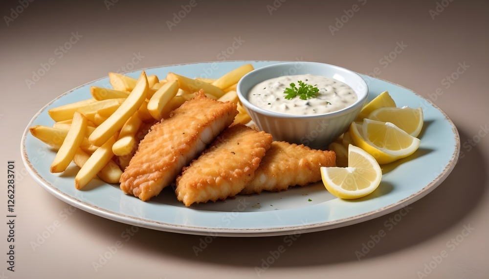 Golden fried fish with crunchy chips, tartar sauce, and a squeeze of lemon Golden fried fish with crunchy chips, tartar sauce, and a squeeze of lemon