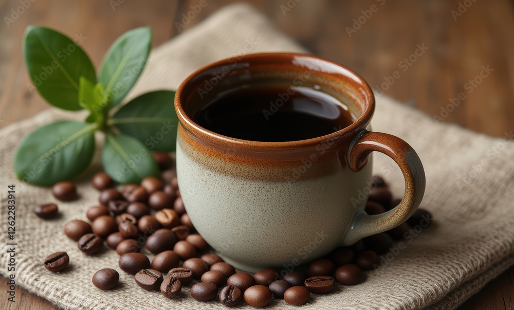 Cup of coffee with coffee beans and leaves Cup of coffee with coffee beans and leaves