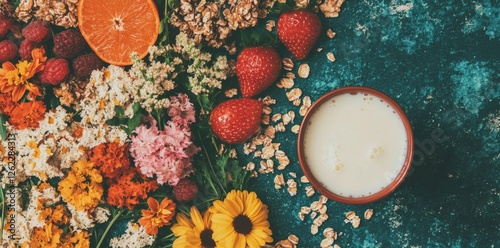 A balanced diet is visually represented by a wide variety of ingredients, including fresh seafood, nuts, grains, and dairy products