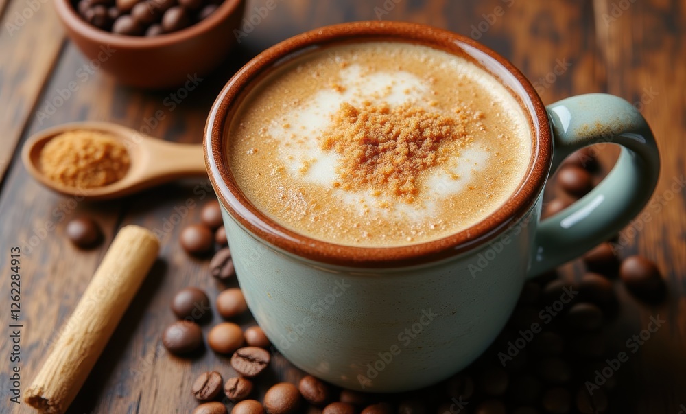 Warm coffee with sugar topping in a mug Warm coffee with sugar topping in a mug
