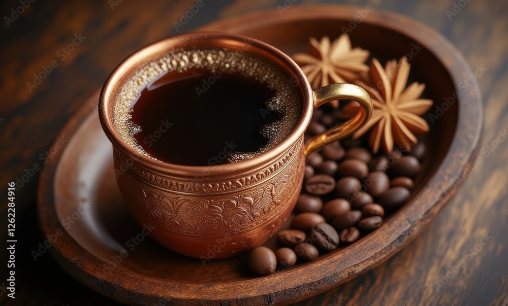 Elegant bronze cup of coffee and spices Elegant bronze cup of coffee and spices