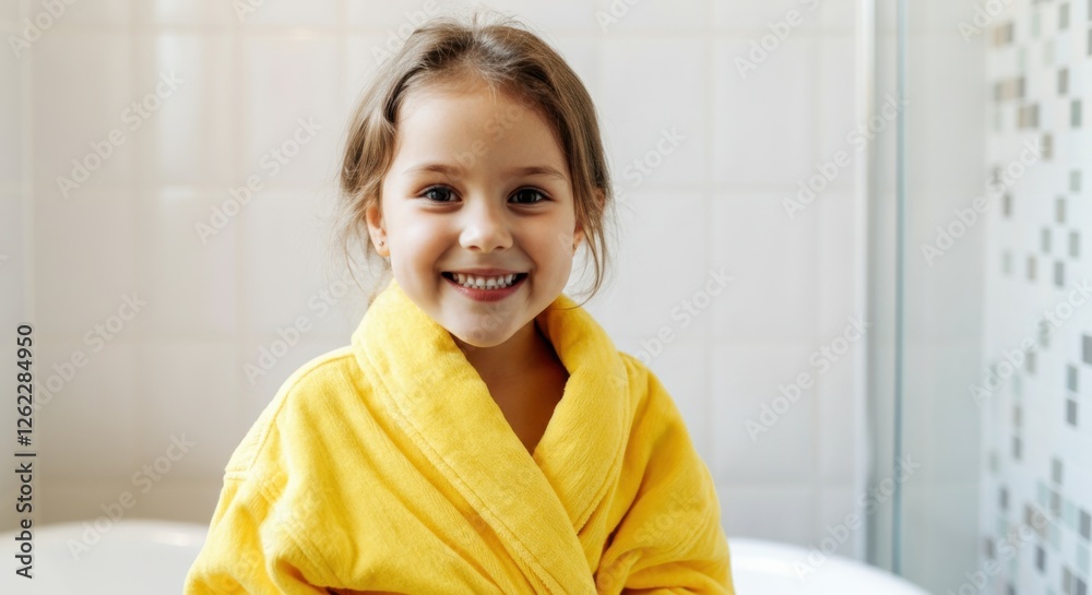 Smiling caucasian female child in yellow bathrobe in bathroom setting Smiling caucasian female child in yellow bathrobe in bathroom setting