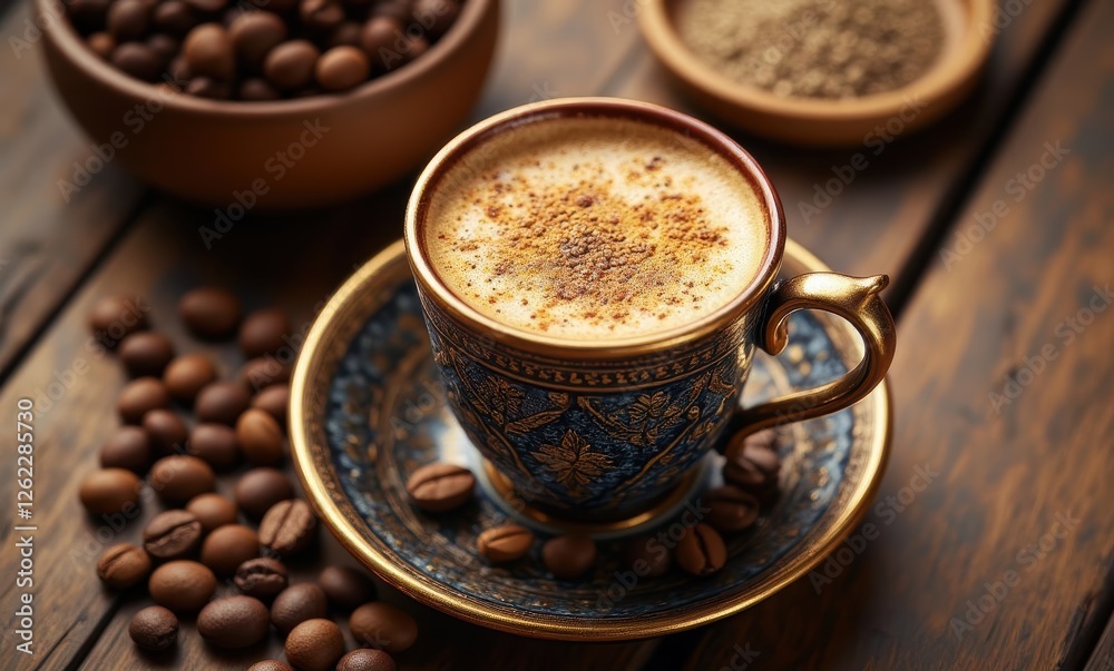 Coffee cup with spices on wooden table Coffee cup with spices on wooden table