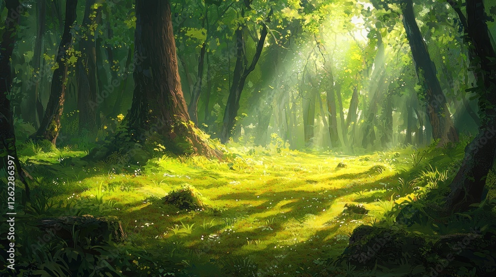Obraz premium Sunlit Forest Path: A Digital Painting of Serene Woodland