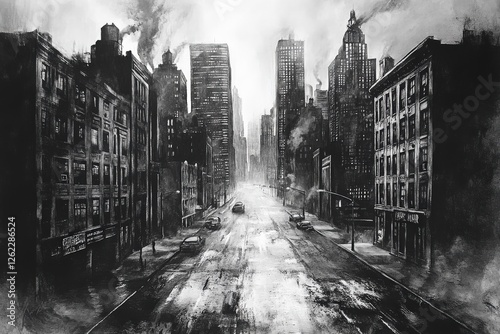 Sin City. Noir City Landscape with Cold Mist and Stormy Fog in Charcoal Illustration Style photo