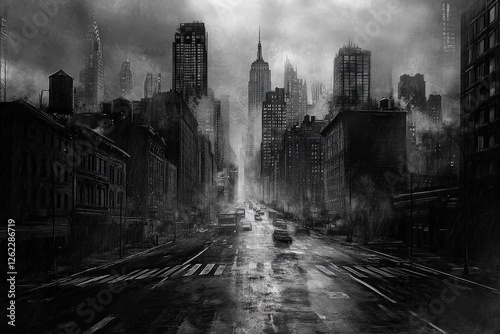 Sin City. Noir City Street in Black-and-White Charcoal Illustration Style with Misty Cold Atmosphere