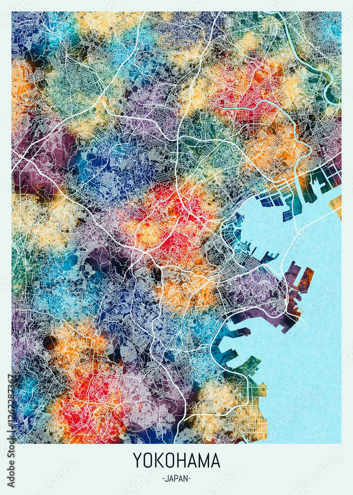Fototapeta premium Yokohama Japan Map. downtown printable Landmarks, print city painting, travel art, city banner, modern city, urban city art, background abstract city Map