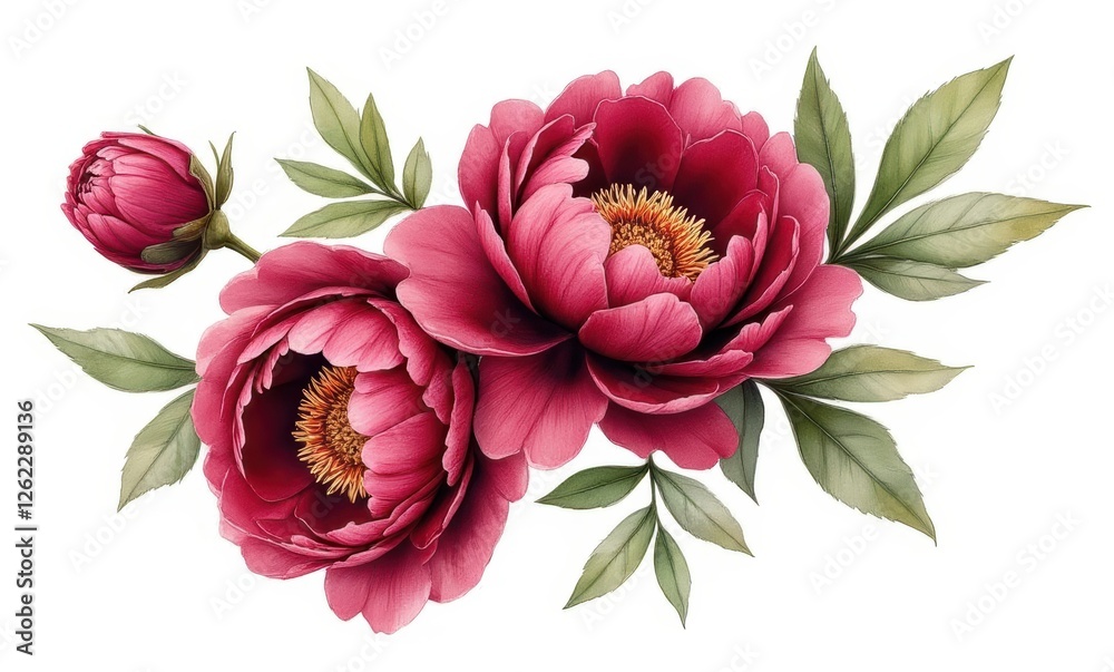 Vibrant pink peonies with green leaves Vibrant pink peonies with green leaves