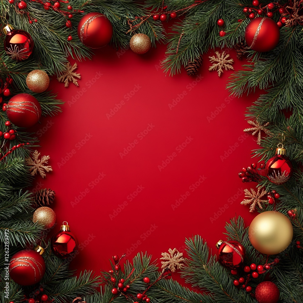 Christmas-themed red background with a frame of decorations and pine branches