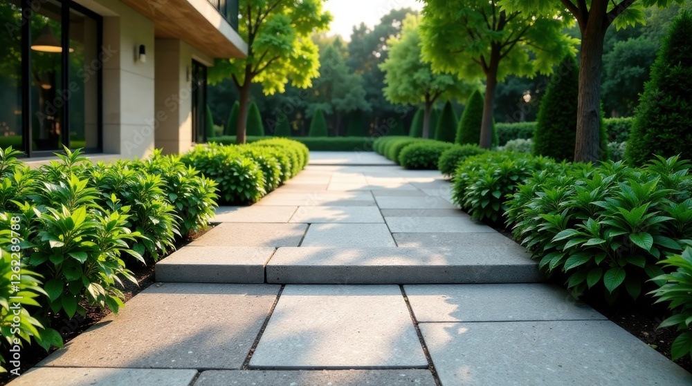 Obraz premium Serene Pathway Leading to Modern Residence with Lush Greenery and Carefully Planned Landscaping