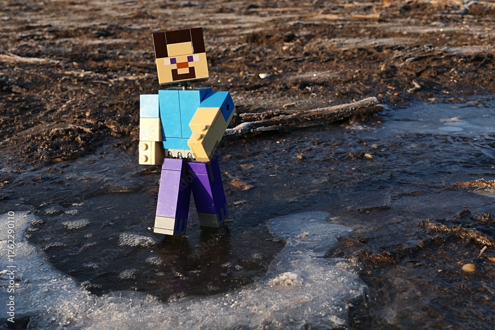 Fototapeta premium LEGO Minecraft action figure of Steve walking on frozen water puddle during freezing winter morning, sunlit by daylight sunshine.