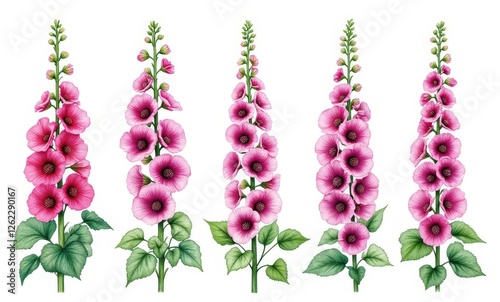 Colorful pink hollyhocks in bloom