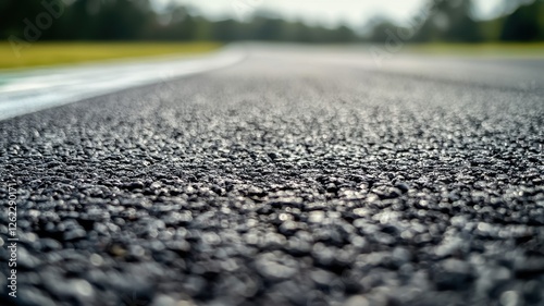 A close-up shot of an empty F1 track surface showcasing the intricate texture of asphalt, designed for high-speed racing, perfect for sports and road imagery.