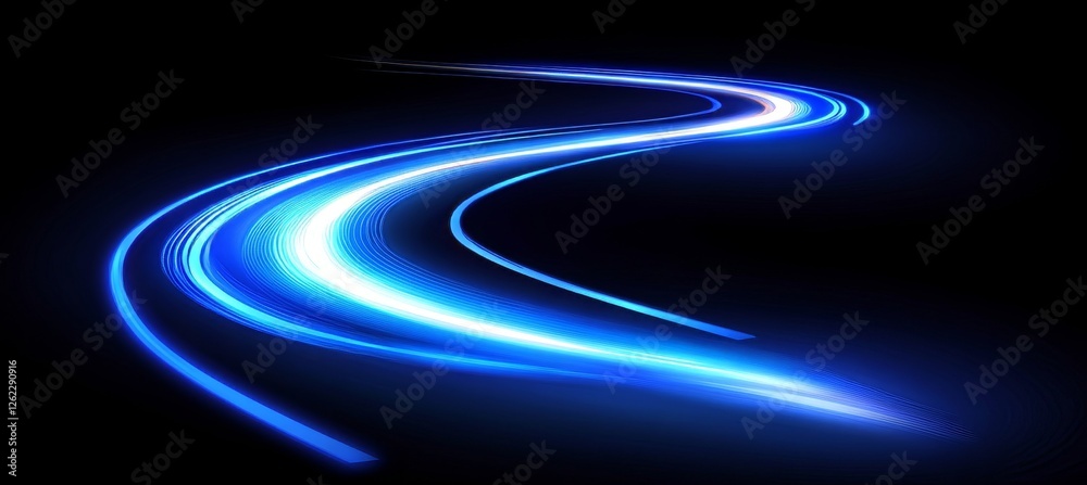 Abstract blue light trails on dark backgound. Curve glowing light painting effect vector. Abstract blue light trails on dark backgound. Curve glowing light painting effect vector.
