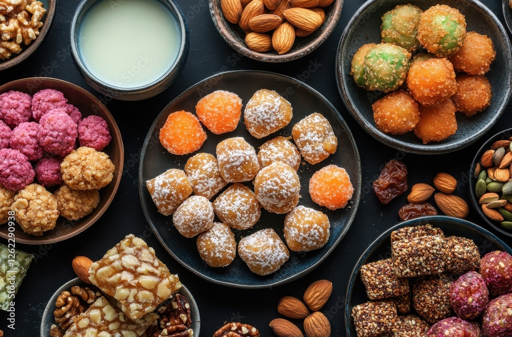 Fototapeta premium Colorful assortment of traditional Indian sweets and snacks on a dark surface, showcasing a variety of textures and flavors for festive celebrations