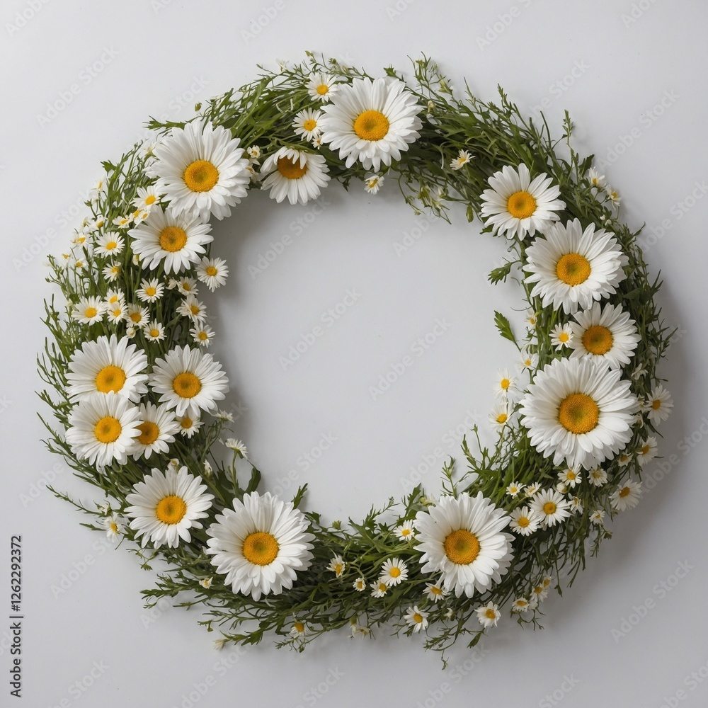 Fototapeta premium A scattered composition of wildflowers in various colors on a white backdrop.