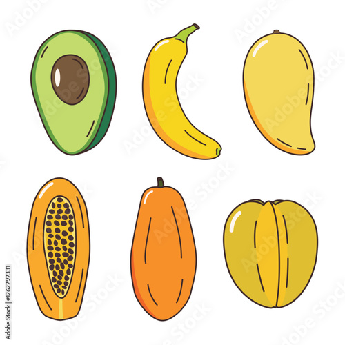 Healthy fruit set such as avocado, banana, mango, papaya and starfruit, hand drawn doodle vector