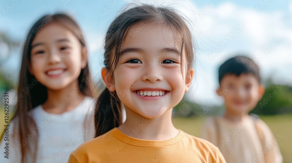 Happy children smiling outdoors in bright sunny atmosphere Happy children smiling outdoors in bright sunny atmosphere