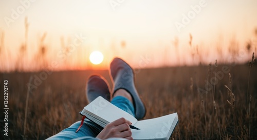 Relaxing person journaling in field at sunset