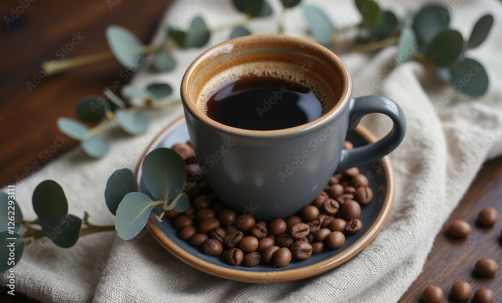 Cozy coffee mug with beans and foliage Cozy coffee mug with beans and foliage