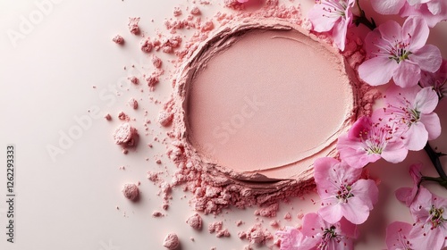 Soft pink powder surrounded by delicate cherry blossom petals on a light back...