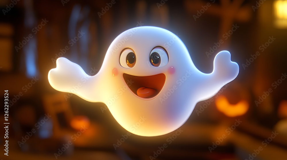 Cartoon kawaii Halloween ghost character with cheerful expression, and playful grin floating in the air. Isolated cute vector baby spook, white phantom personage captures festive spirit of the season Cartoon kawaii Halloween ghost character with cheerful expression, and playful grin floating in the air. Isolated cute vector baby spook, white phantom personage captures festive spirit of the season