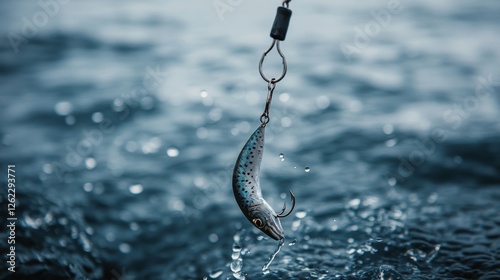 Fishing lure dangling above shimmering water during early morning light