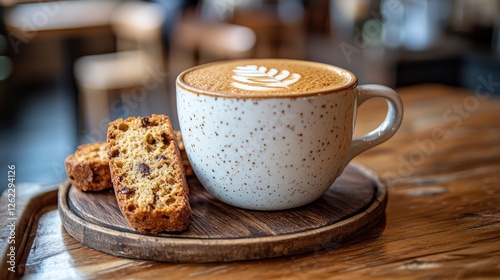 Warm beverage and baked treat served on a wooden board in a cozy cafe setting