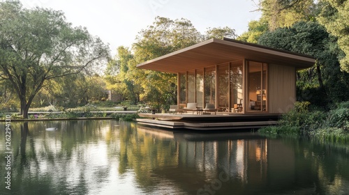 Scenic pavilion reflecting on calm water in a tranquil park setting during su...